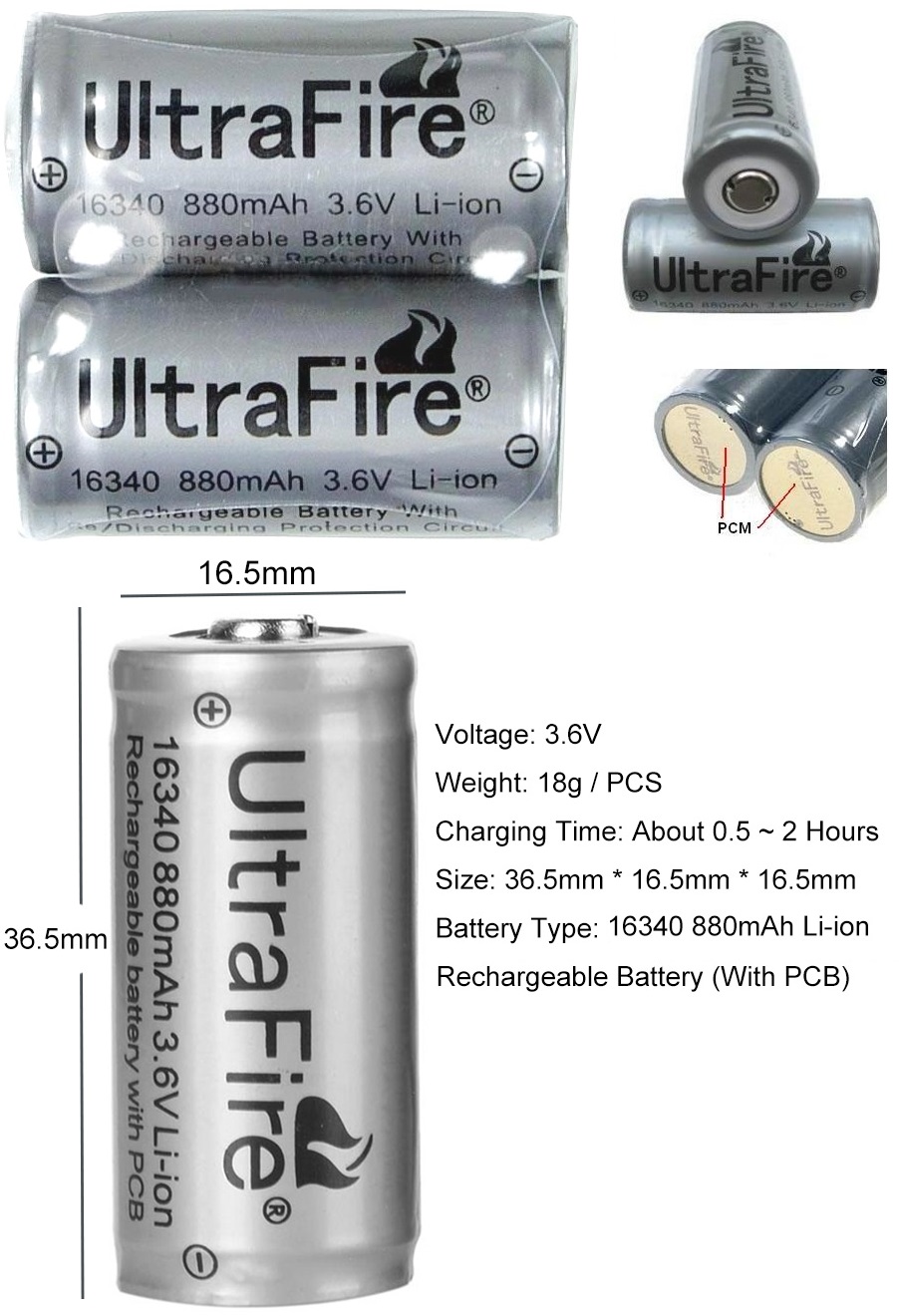 Bateria_Ultrafire 16340 3,7V 800